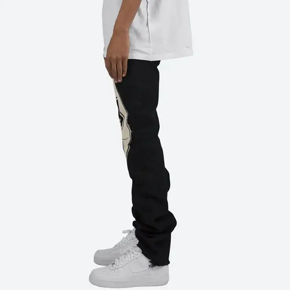 High Street Hip Hop Custom Jeans Skeleton Straight Denim Black Washed Slim Fit Stacked Denim Jeans Pant For Men