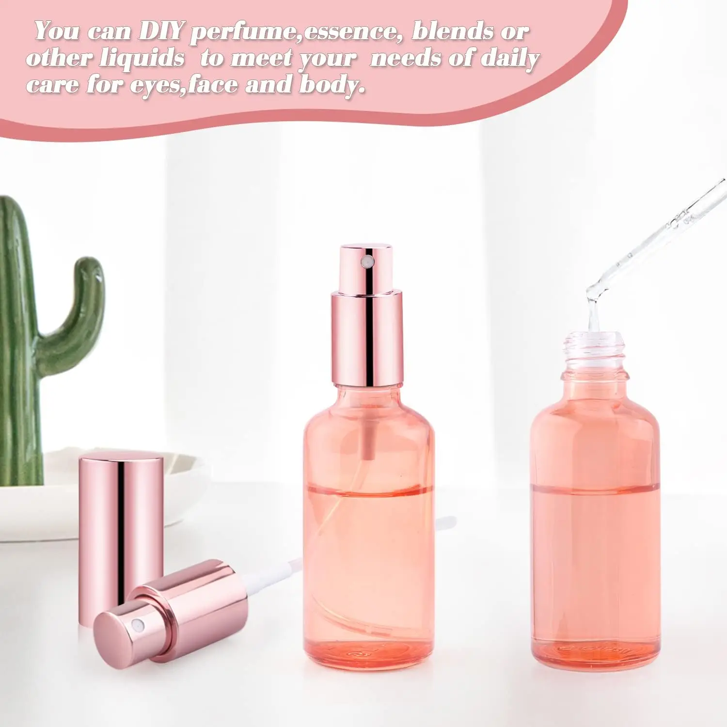 2 Oz Glass Spray Bottles Perfume Fine Mist Atomizer Rose-Golden Pump Head Liquid Holder Containers Pink Containers for Skin Care