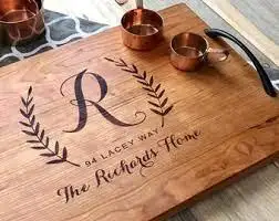 Personalized Acacia Cheese Board wholesale custom wooden Rectangular Rustic Burnt wood tray with metal handle