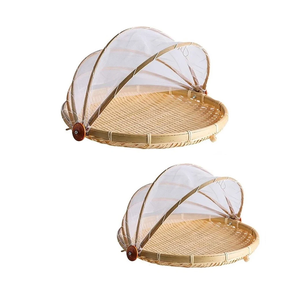 Bamboo Tent Basket Hand Woven Tray Anti Bug Food Fruit Container Mesh Cover Style For Food Cover Anti Fly Meal with Cover