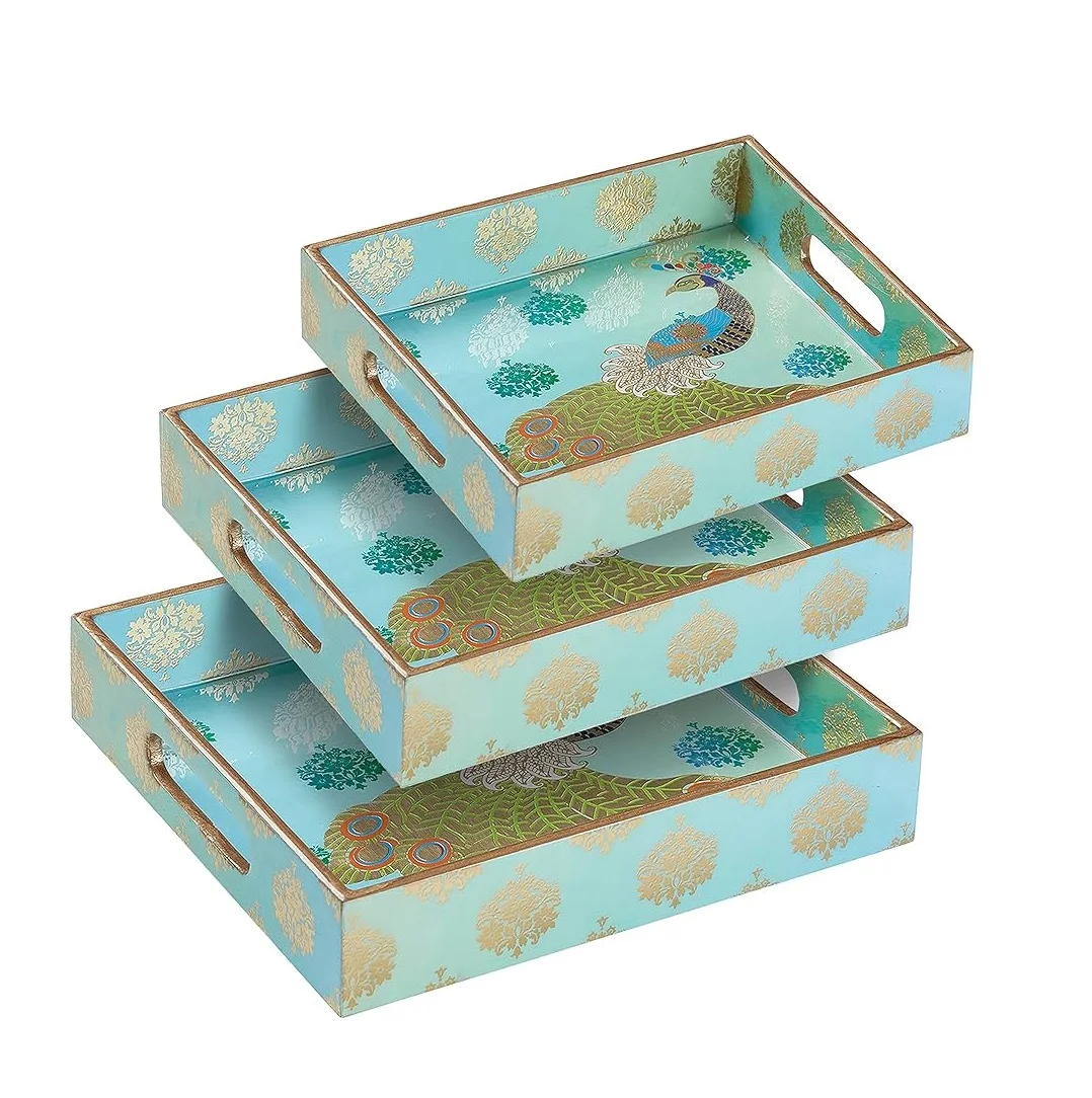 Wood Flowers Printed Tray Customized Size Handmade Product MDF Printed Tray for Home Restaurant Food Breakfast Tray Good Price