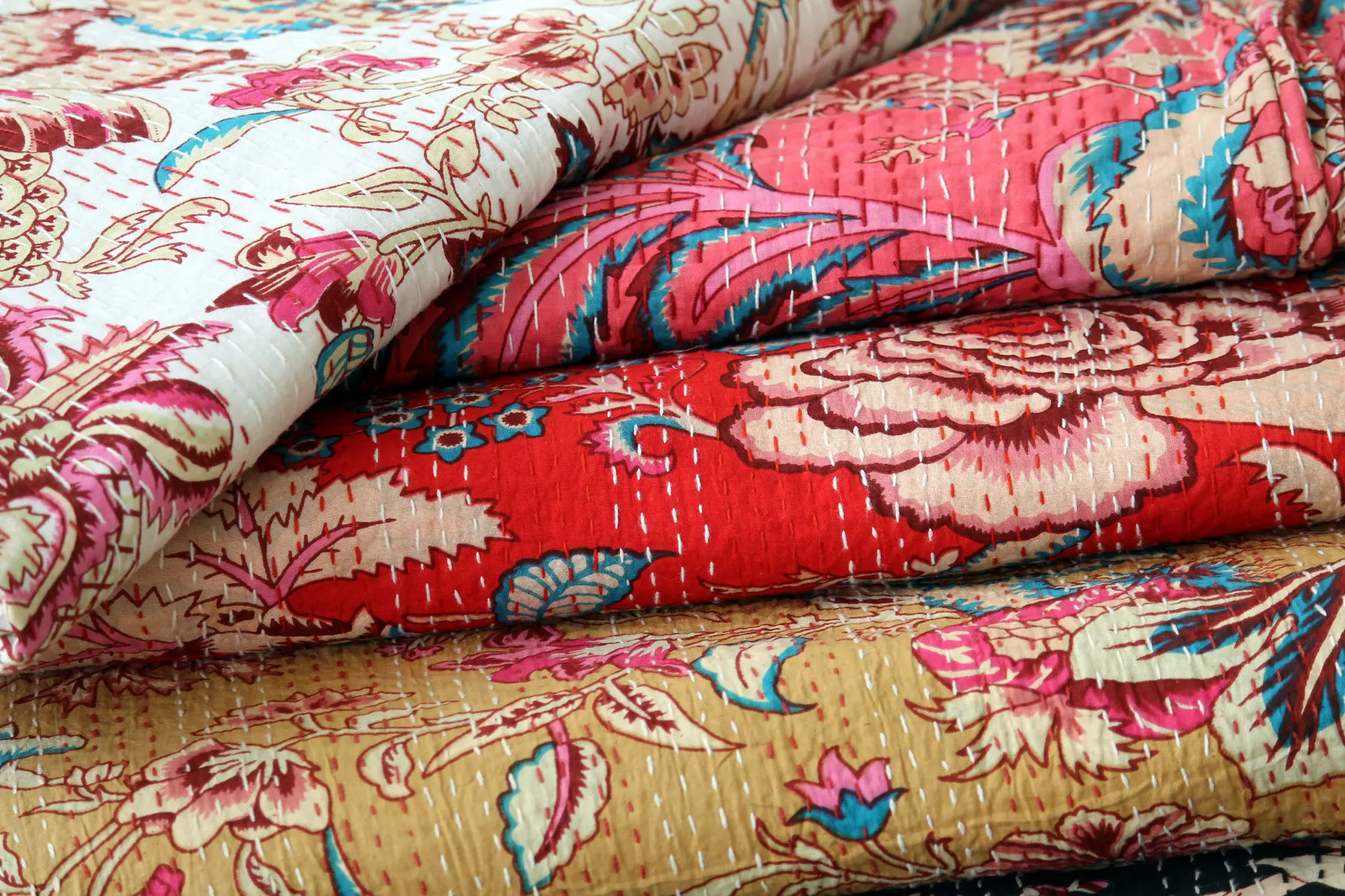 Kantha Quilt Indian Hand Printed Floral King Quilt Single Pure Cotton Bohemian Bed Cover