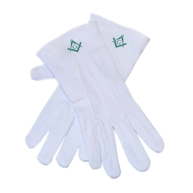 One Size Mens White Cotton Gloves with Scottish Rite Green Masonic Design With G Button Stud Fasteners