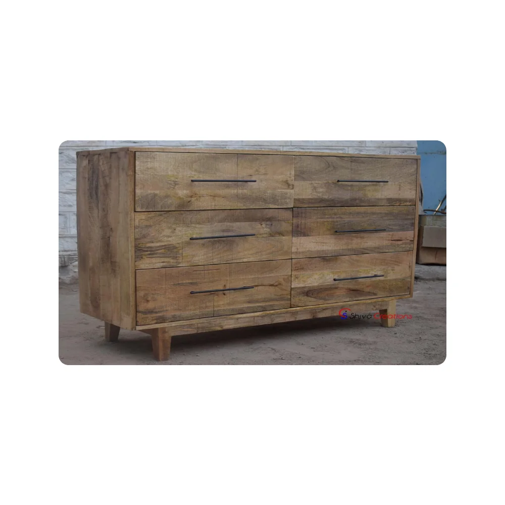 Modern Design Antique Rustic Wooden 6 Drawer Chest Cabinet Carved Mango Wood Furniture Indoor Modern Wood Furniture