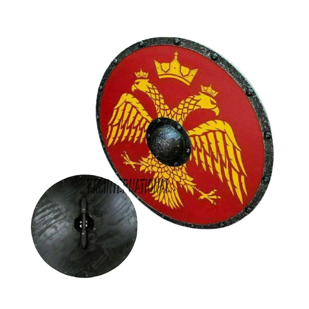 24 Inches Medieval Round Wooden Armor Defense Shield Viking Battle Props Costume Handmade Red Wooden Shield Decor Gift.