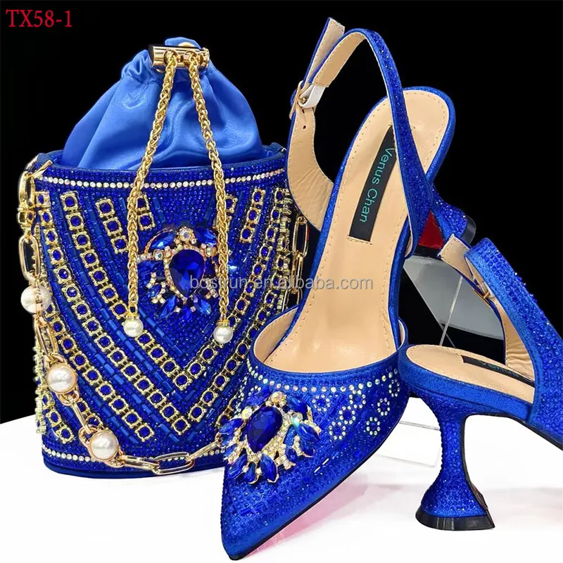 TX58    High Quality  Shoes Women Heel Elegant Crystal Shoes Ladies Sandals with Heels African Shoes and Bags Matching Set