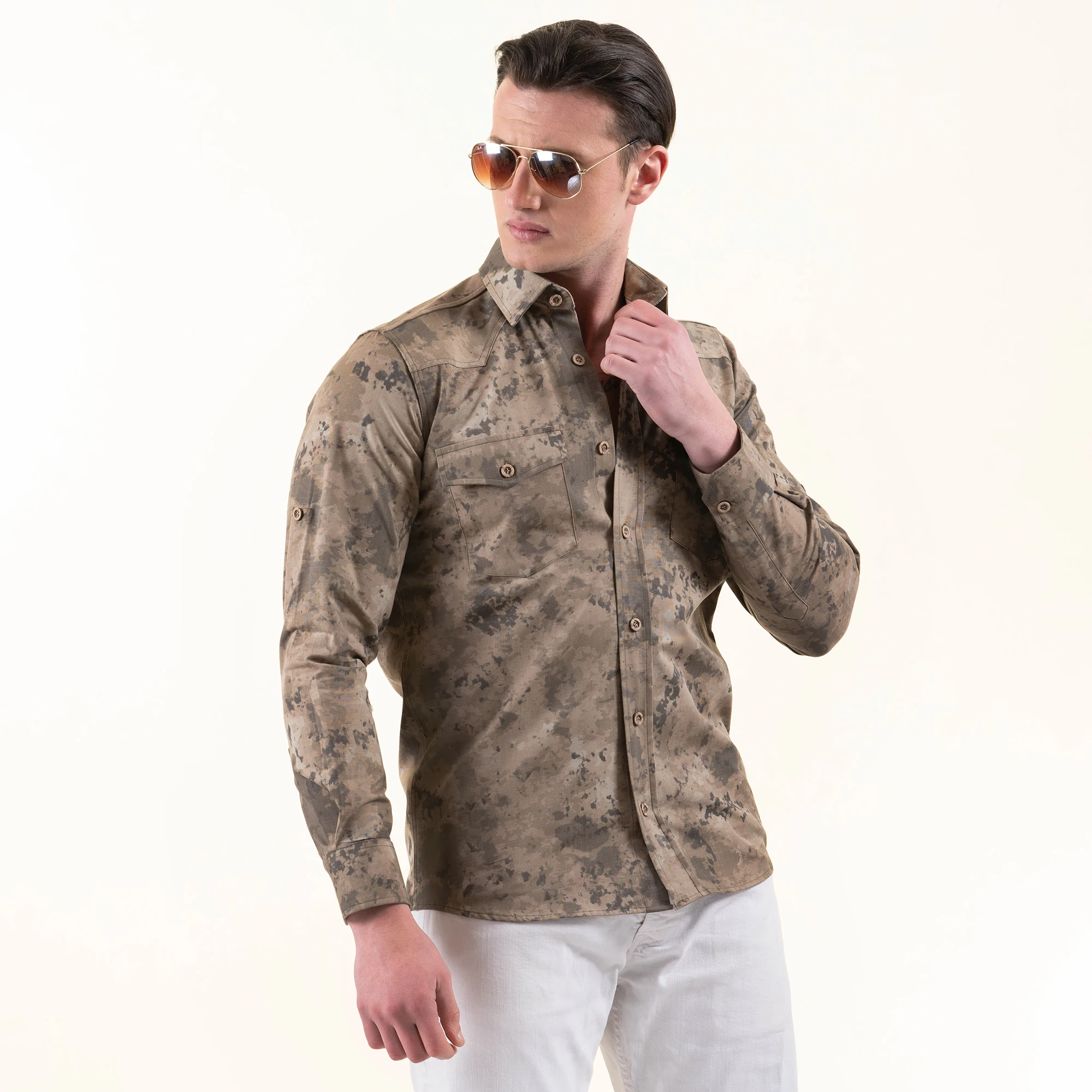 Men Casual Long Sleeve Camouflage Shirts Outdoor Lapel Button Khaki Green Cotton Male Shirt with Pocket made in istanbul