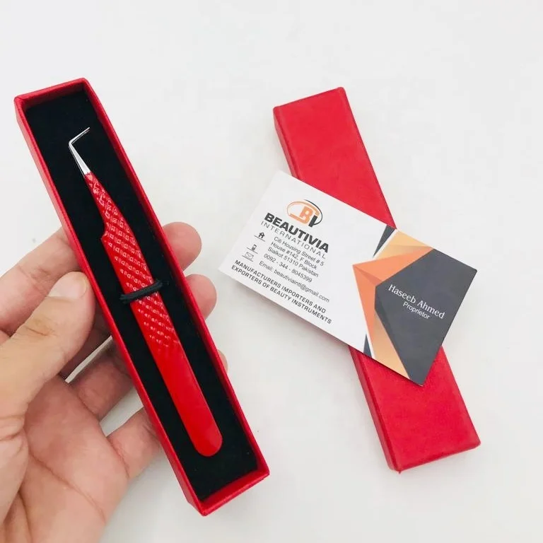 Custom Logo Eyelash Extension Tweezers Black and Red Flame Design Sustainable Steel with 90 Degree Tip Paper Coated for Lashes