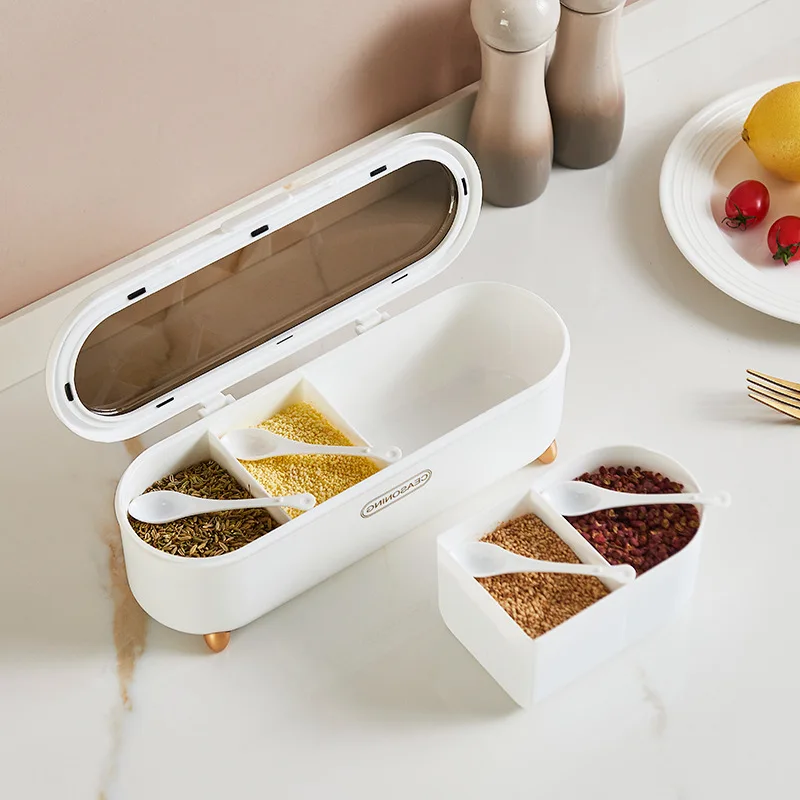 Modern Household Kitchen PP Compartment Seasoning Box Salt Sugar Msg Storage Box Combination Set