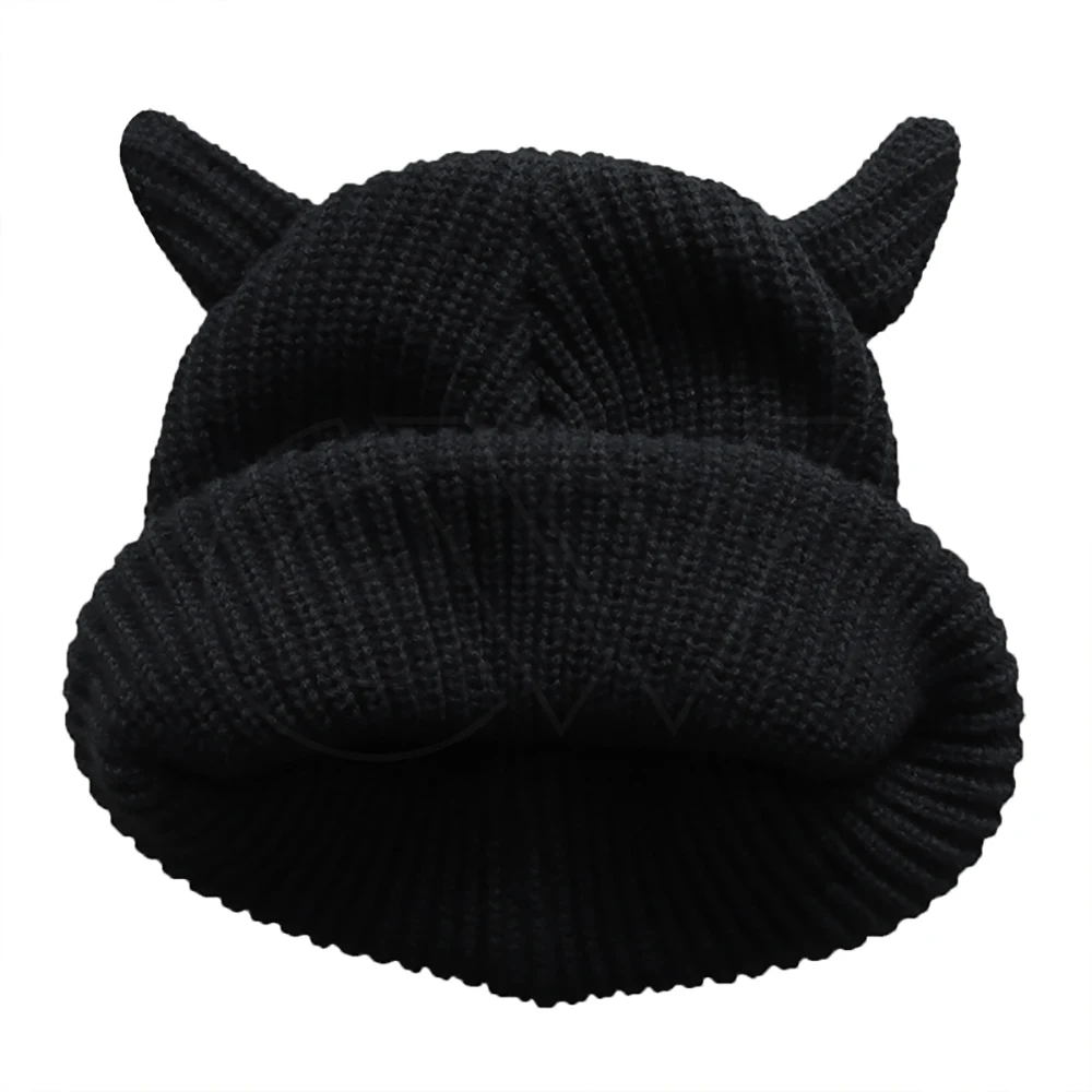 Winter Headwear Solid Black Hat Ribbed Blank Devil Knit Beanie with Horn