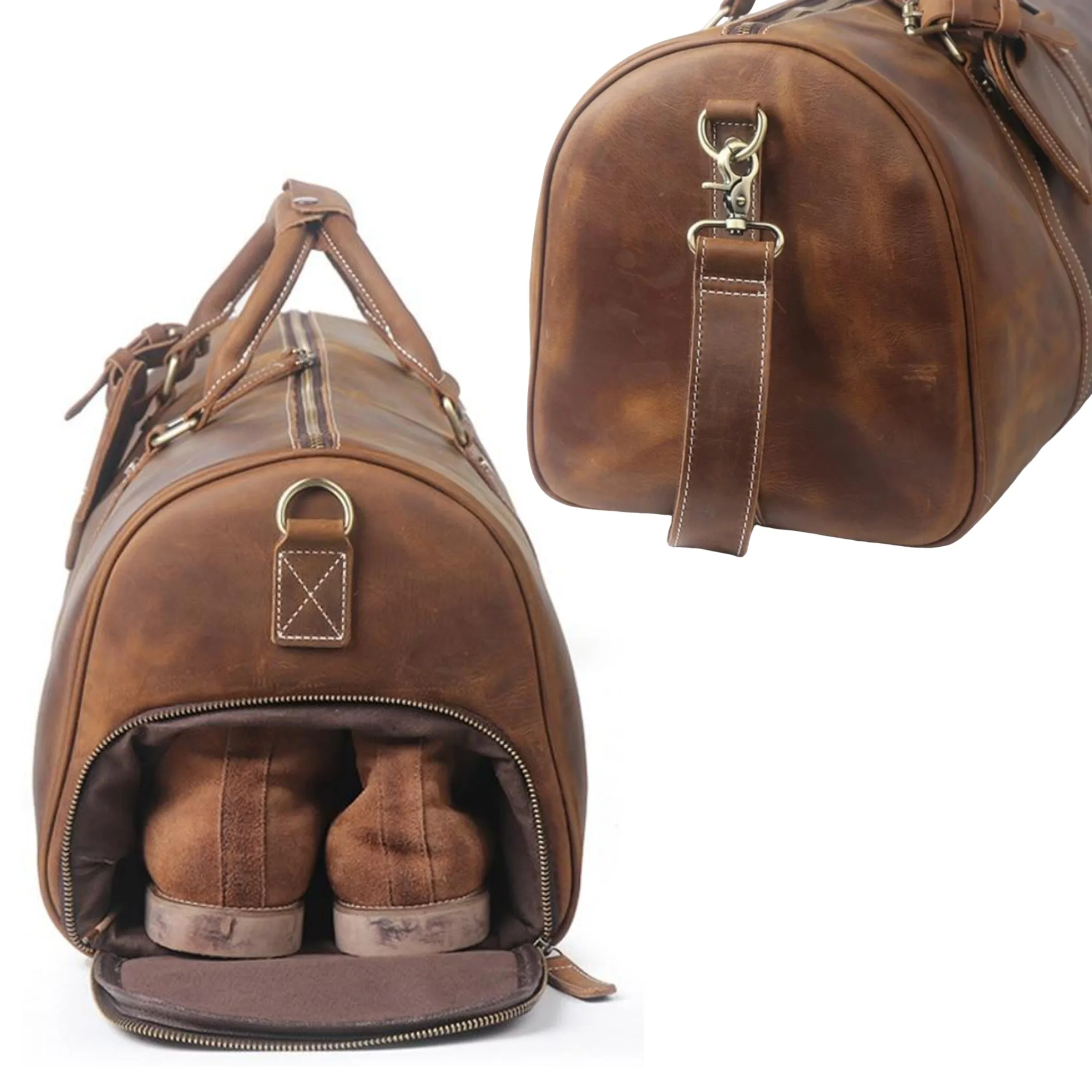 Elegant Brown Vintage Leather Duffel Bag  Men Genuine Crazy Horse Leather Weekender with Shoe Compartment Design and Custom Logo
