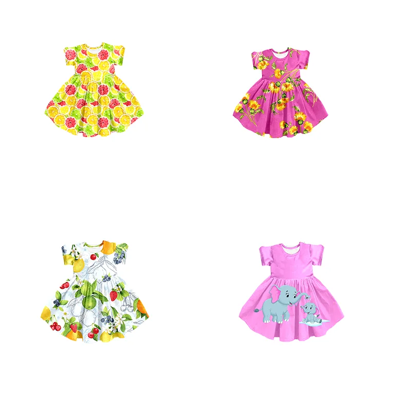 new  customize dress style short sleeve with floral fruit elephant print boutique children clothing