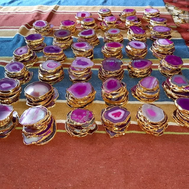 Wholesale Pink Agate Quartz Semi-Precious Stone Cup Holder & Table Decoration Gold Plating Hot Sale Gemstone Slice Coaster