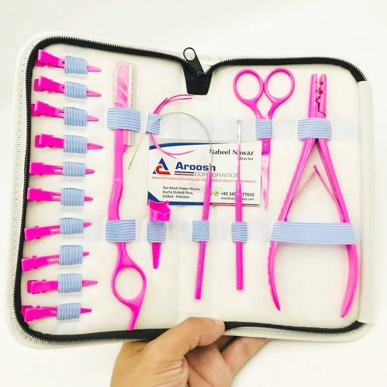 Hot Pink Stainless Steel Clip In Hair Extensions Tools Kit With Plier, Crochet Needle, Clips And Human Hair Extension