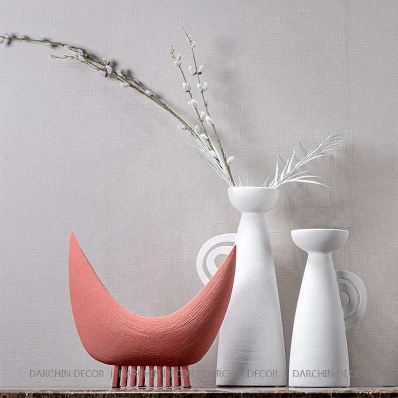 Modern Simple Home Furnishing Retro White Ceramic Flower Vases Red Sculptures Decoration Pottery Decoration