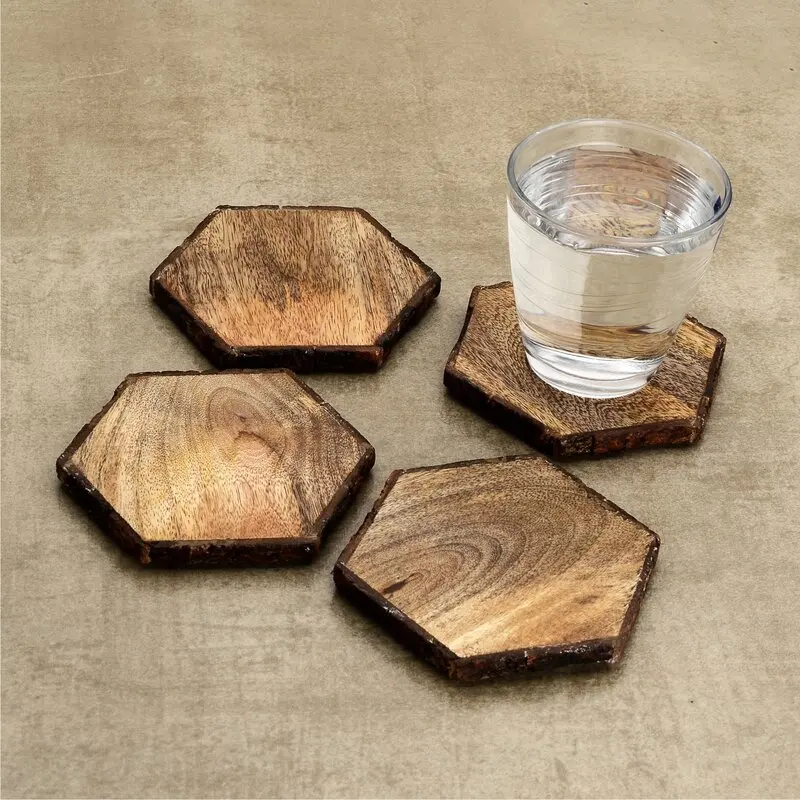 mango wooden round coasters with bark of tree for home table decorate tea cup coasters with natural color for wholesale cost