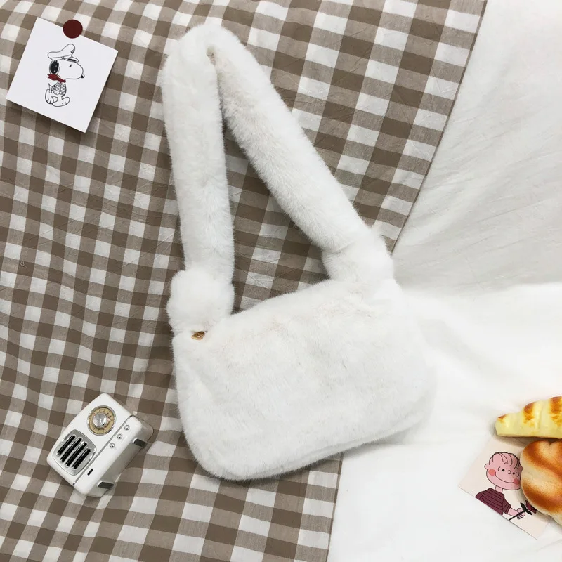 Autumn Winter Single Shoulder Armpit Bag Rex Rabbit Hair Simple Fluffy Handbag Internet Celebrity Plush Bag