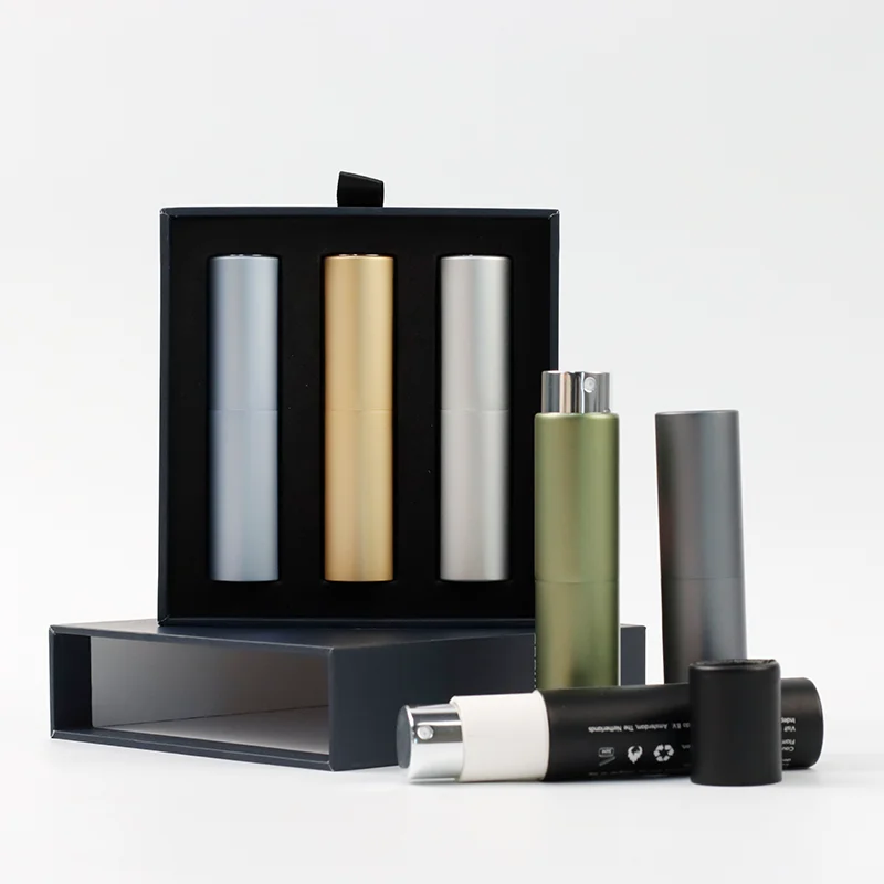 custom 5ml 8ml 10ml 20ml perfume bottle with gift box packaging  refillable metal aluminum  twist up atomizer  bottle