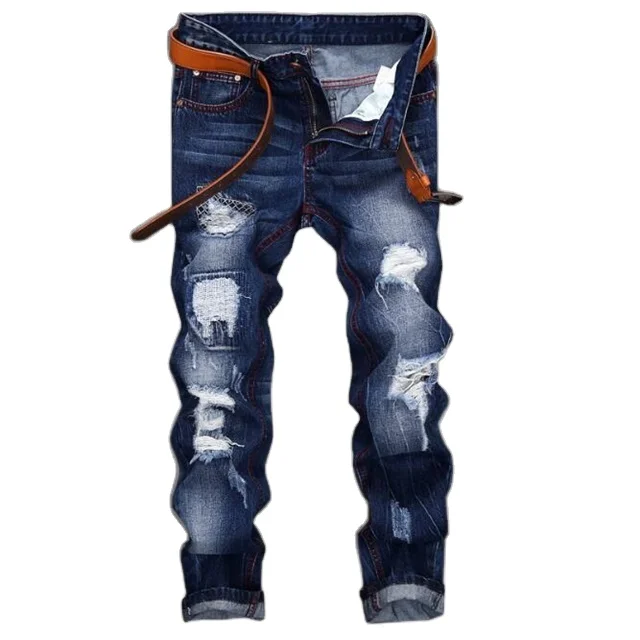 Denim Jeans Pants _  Wholesale Distressed Denim Trousers Hip Hop Fashion Stretch Denim Pants For Men