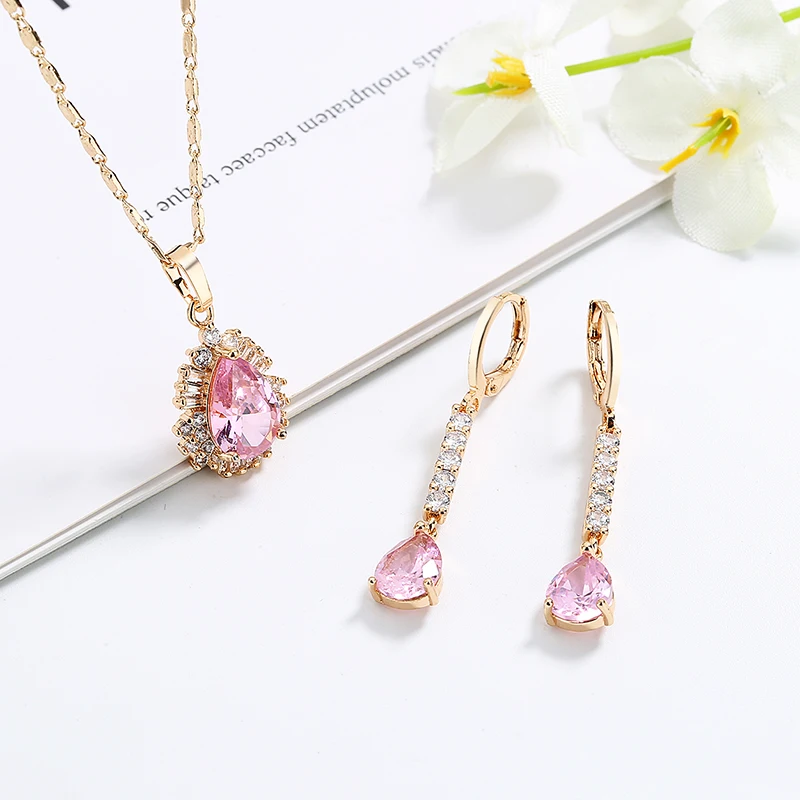 QUALITY AAA CZ STONE 18k gold plated luxury cubic zirconia long drop earrings and pendant necklace party wedding sets jewelry