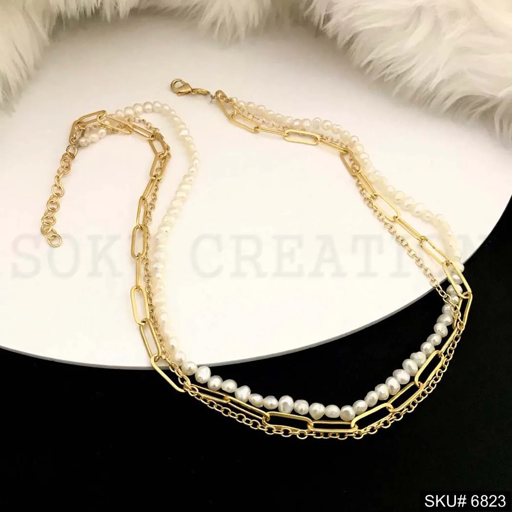 Gold Plated Three-Layer Chain Necklace Brass Cable Chain and Pearl Beads for Weddings Christian Religious Ceremonies SKU6823