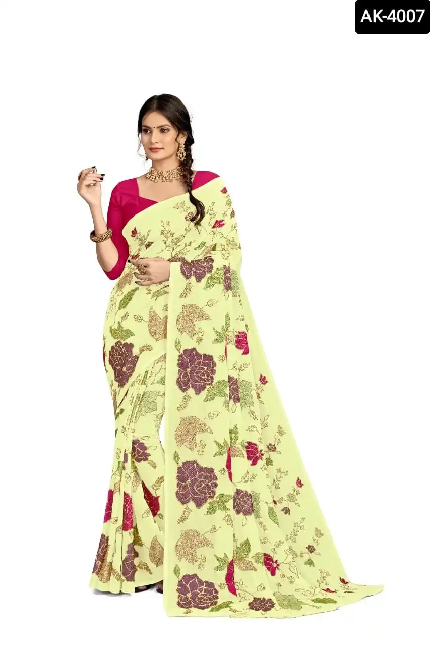 Indian Ethnic Georgette with Thread and Sequence Work Sari and Banglory Silk Plain Blouse Material for Party Wear Function Saree