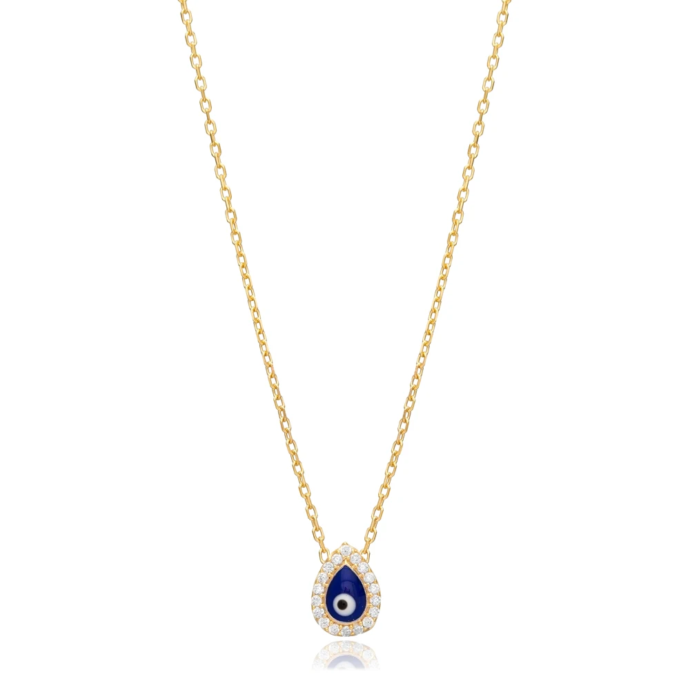 Minimalist Dark Blue Pear Luck Eye Silver Charm Pendant Necklace 925 Sterling Silver Fine Jewelry