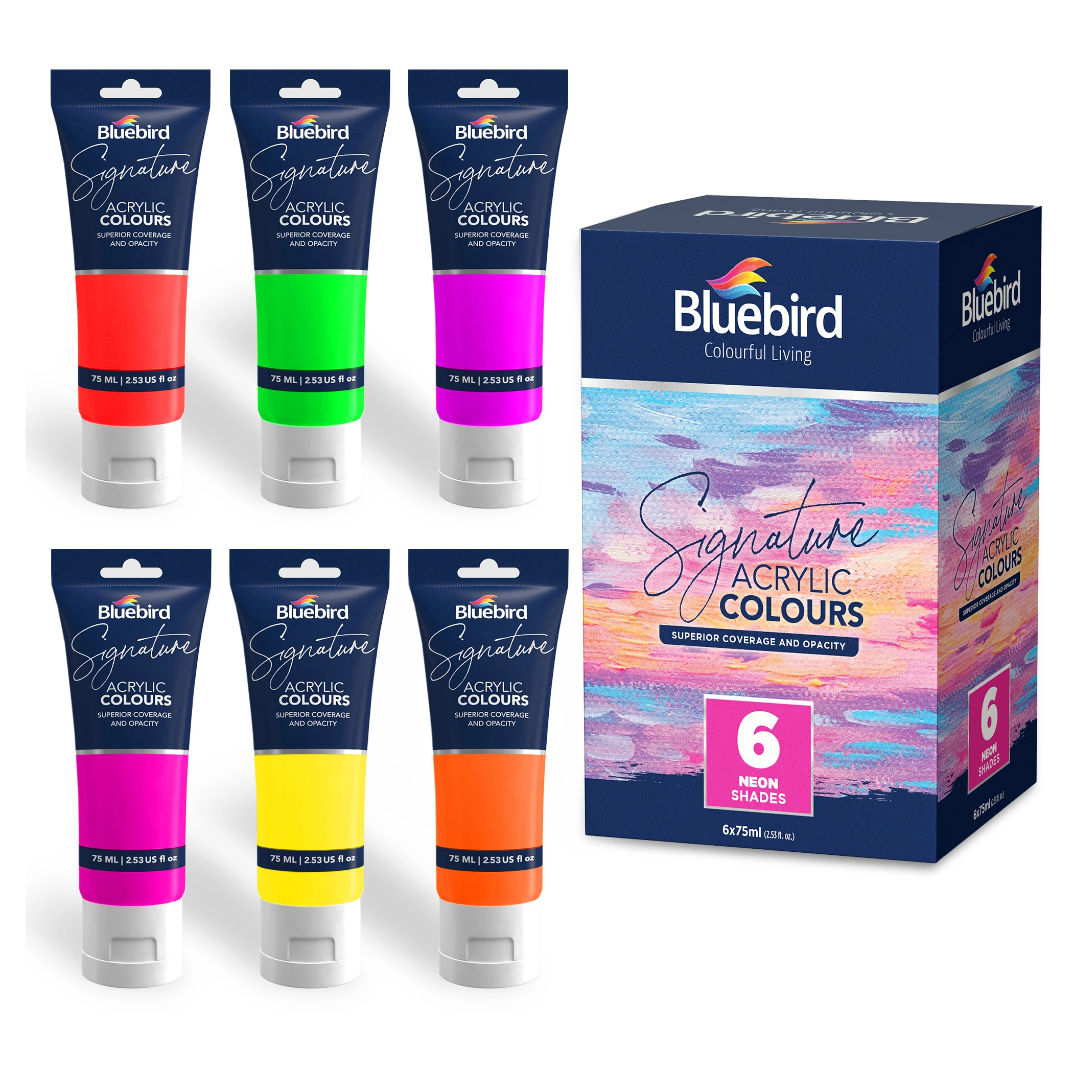 BLUEBIRD Signature Neon Acrylic Paint Set, Fluorescent Colors 6-Pack 2.5 Fl Oz Tubes Heavy Body Acrylic Paints For Professionals
