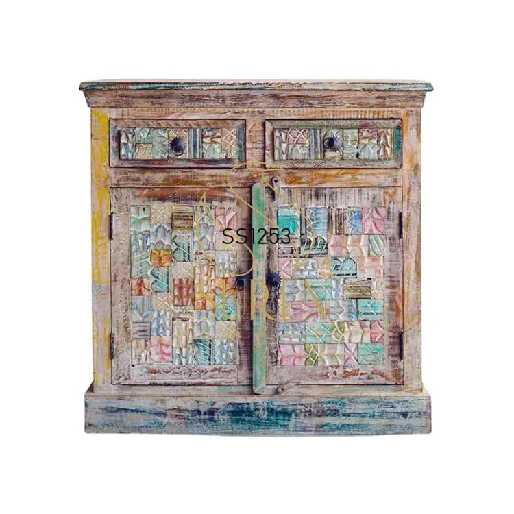 Indian Handmade Carved Pattern Distress Finish Recycled Design Living Room Cabinet Drawer Chest for Wholesale Buyers