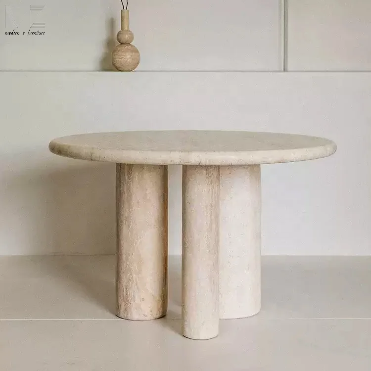 Modern Dining Room Furniture Oval Dinning Table Three Column Basse Beige Stone Round Travertin Travertine Marble Dining Table