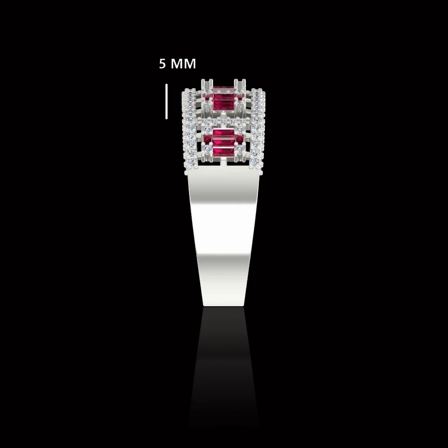This baguette diamond Ruby Diamond Band is stunning. The 14 karat white gold ruby ring features .15 pcs Ruby  of 94 Pcs Natural