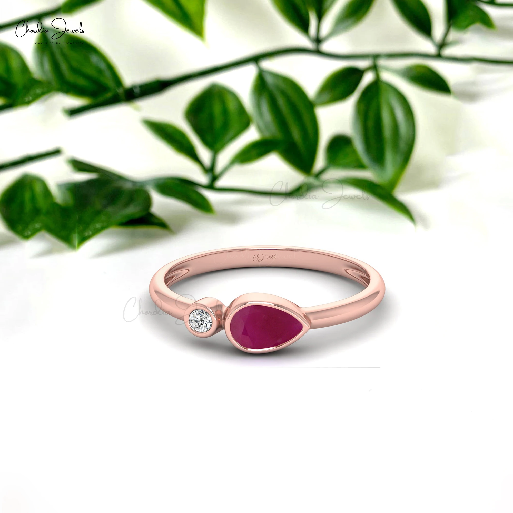 Factory Direct Sale Bezel Setting 2mm Round Cut Diamond & Natural Ruby Gemstone Ring for Women 14K Solid Gold Jewelry Wholesale