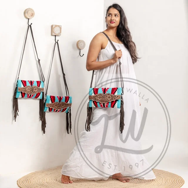 Western Stylish Real Tooled Aztec Leather Multi Color Fringe Sling Bag Hot Selling New Arrival Tooled Saddle Blanket Handbag