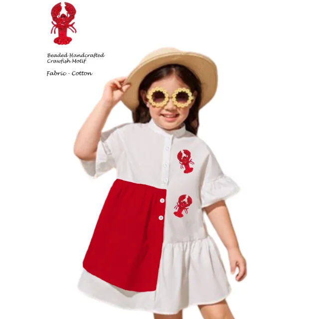 Crawfish Patches O-Neck short Sleeve Midi Kids Dress Wholesale Cute Cotton Dresses Toddler Infants Cute Tiered Frocks