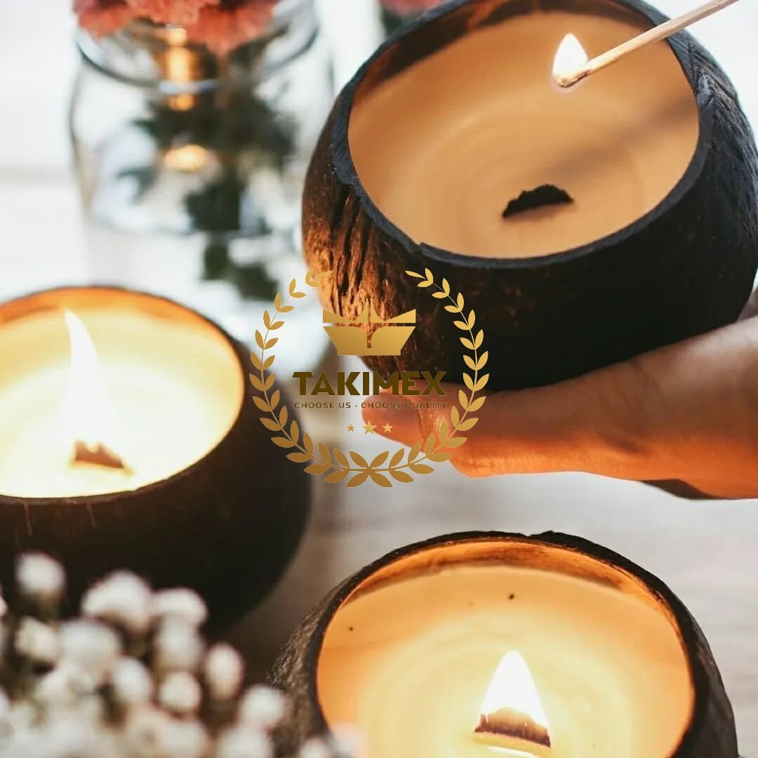 High quality best selling coconut candle soy wax scented candle in coconut shell bowl From Takimex Vietnam