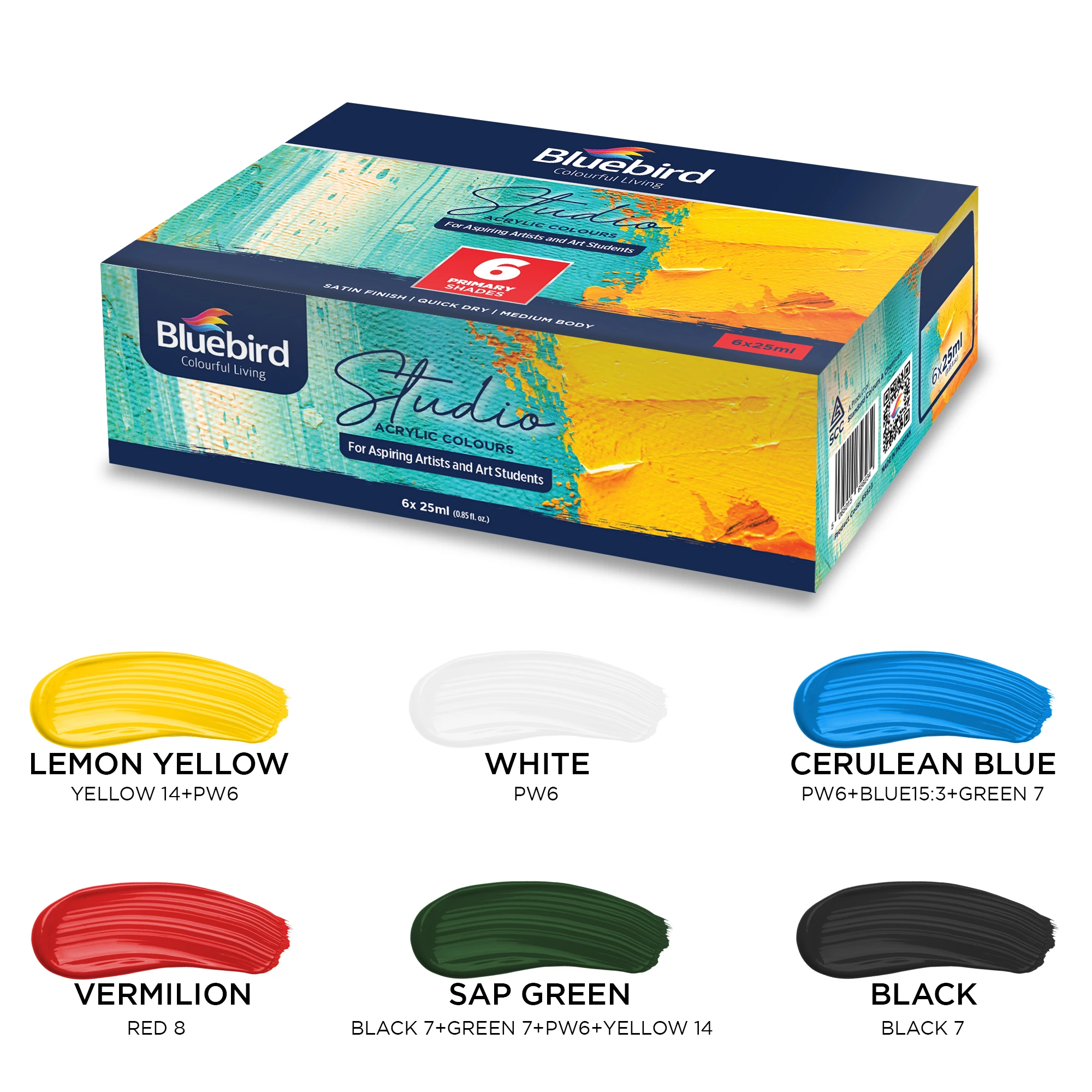 BLUEBIRD Studio Acrylic Paints, 25ML x 6-Pack 0.85 Fl Oz each, Basic Acrylic Paint For Kids, Students & Beginner Artists