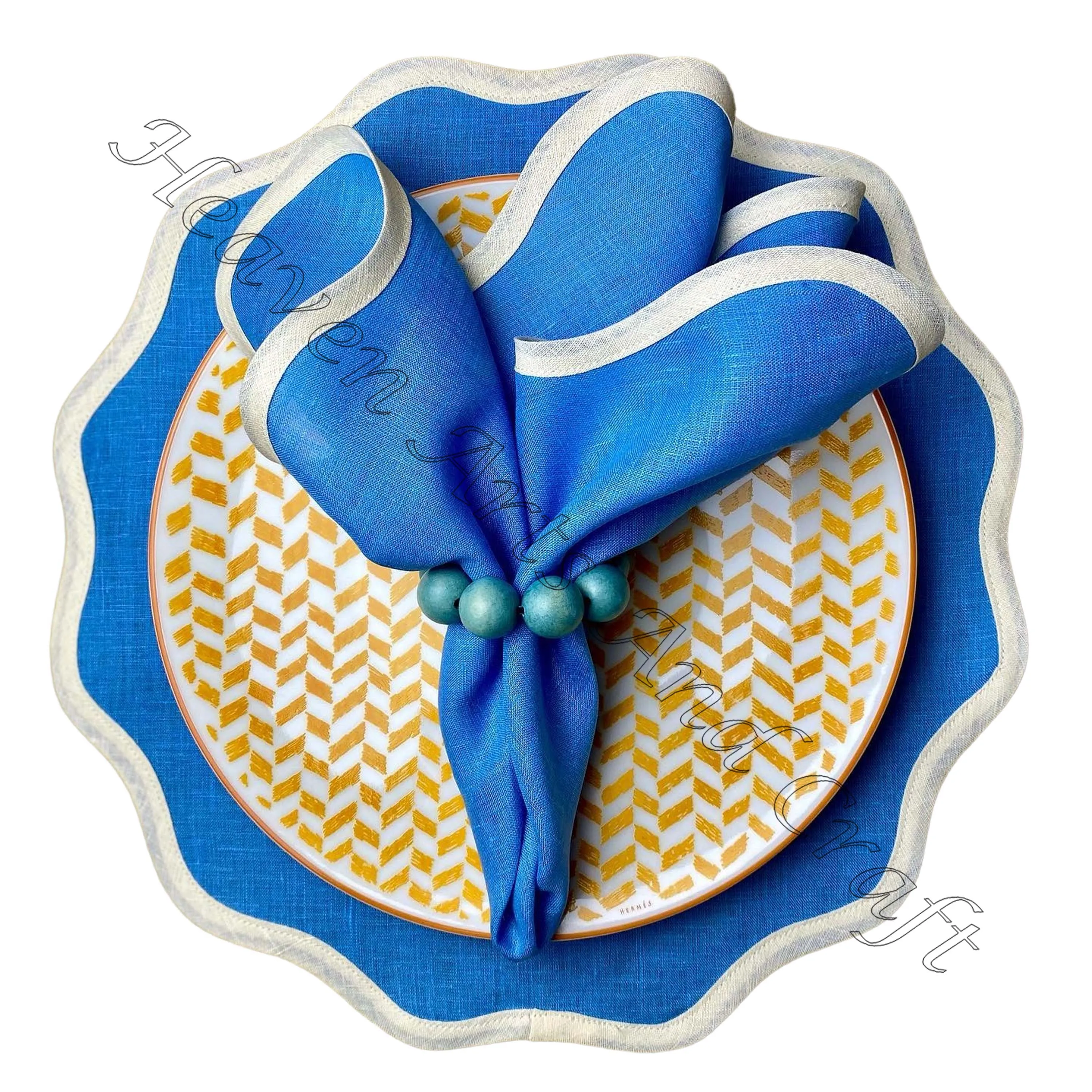 100% Linen Pure Cotton Indian Factory Dinner Hand Block Printed Scallop Napkin Dinnerware Sets  Hotel Restaurant Use Wholesale