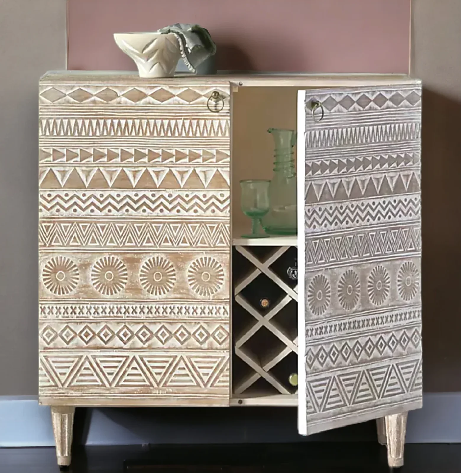 White Elegant Handcrafted  Wooden Bar Cabinet on Wheels Economical Home Furniture with Storage Display Shelf for Living Room