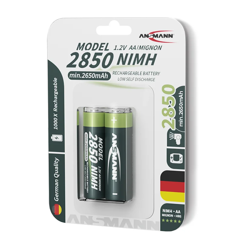Ansmann premium quality 2pcs pack rechargeable 1.2v nimh battery 2850mAh AA rechargeable battery