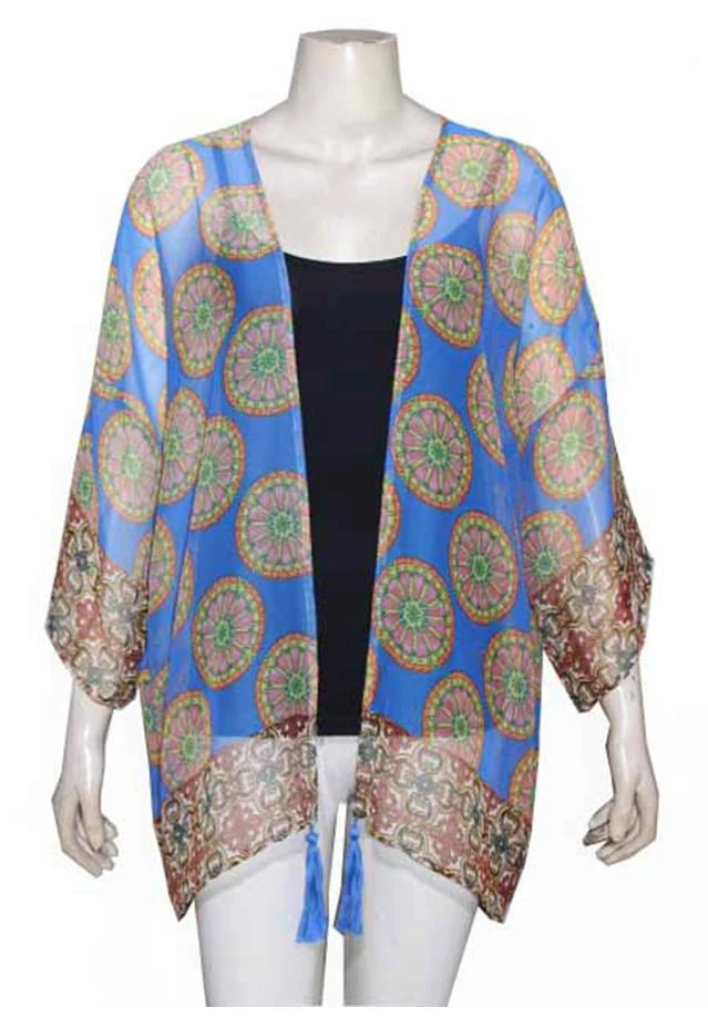 Ladies Kimono Robe Luxury Long Sleeve Sexy Women Robs Femme 100% poly chiffon tassel embellishment print front open kimono wrap