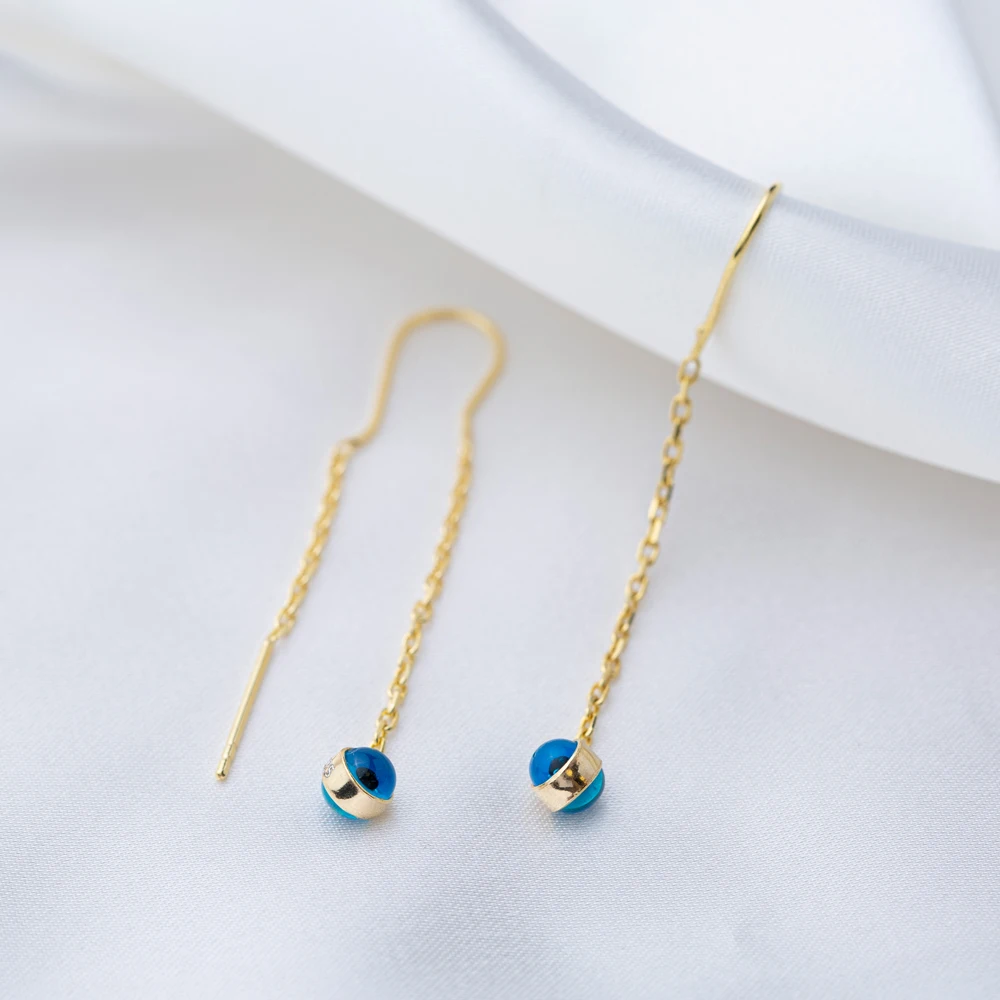 Turkish Eye Design Thin Chain Design Threader Earrings Turkish Handmade Wholesale 925 Sterling Silver Jewelry