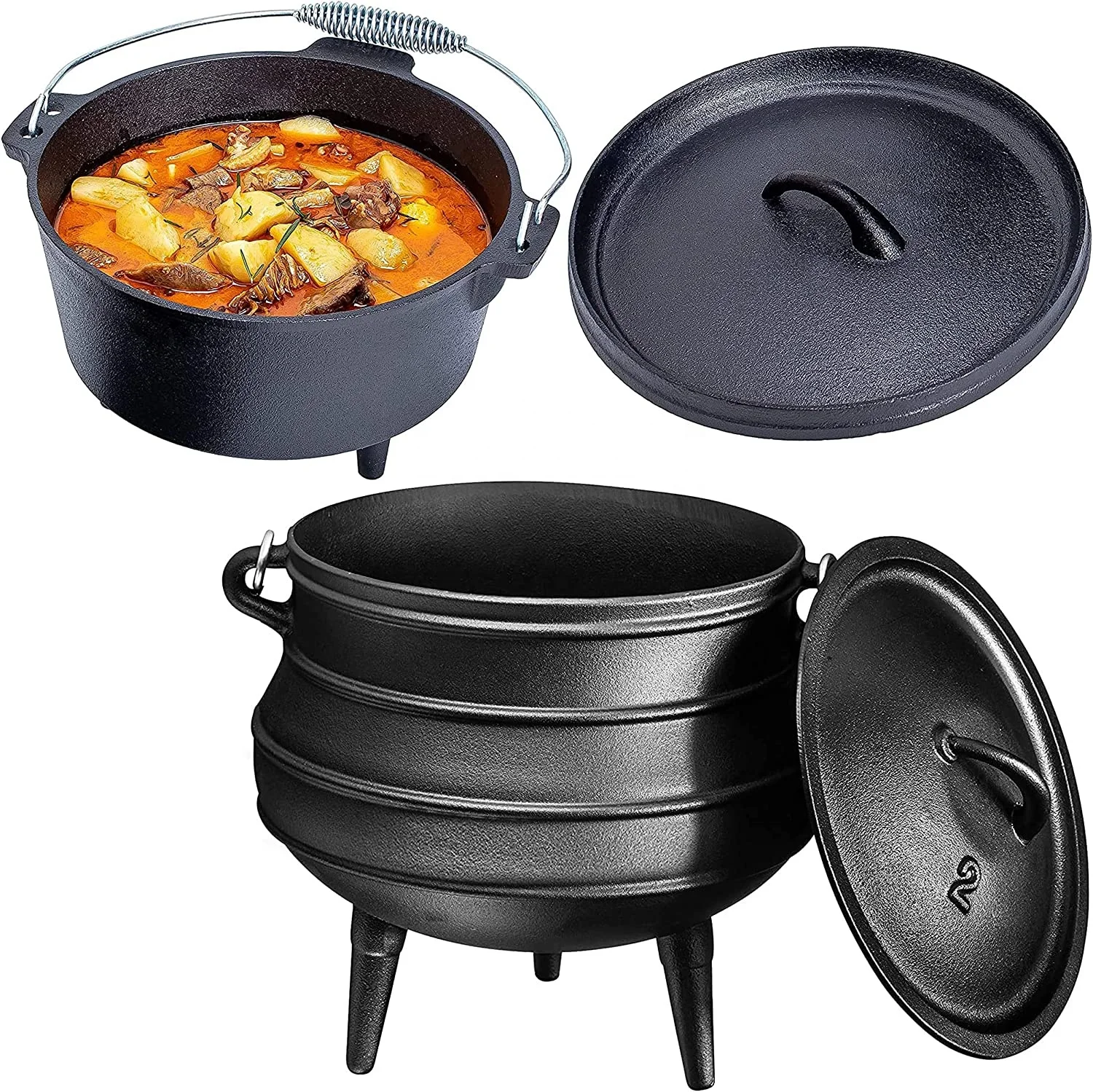 Wholesale South Africa Large Witches Potjie Pot Cast Iron Cauldron for Camping Cook with Iron Lid and 3 legs, Outdoor Cookware