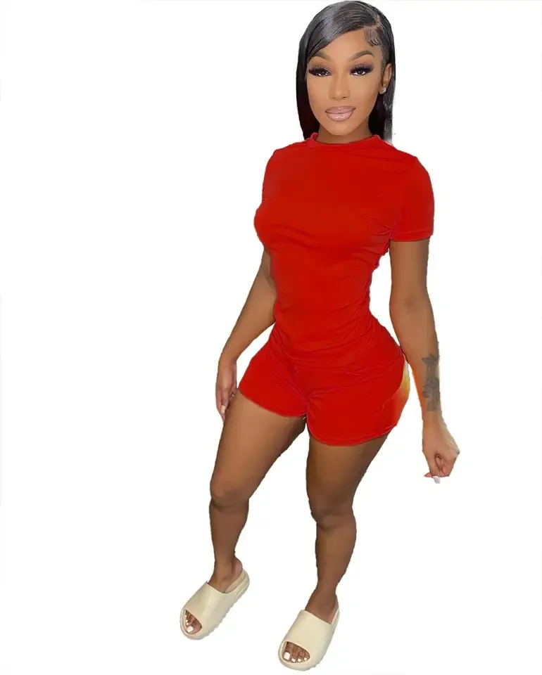 2024 Custom Logo Women Summer Short Set Short Sleeve T Shirt Biker Shorts Sets Skinny 2 Piece Short Set Women Clothing