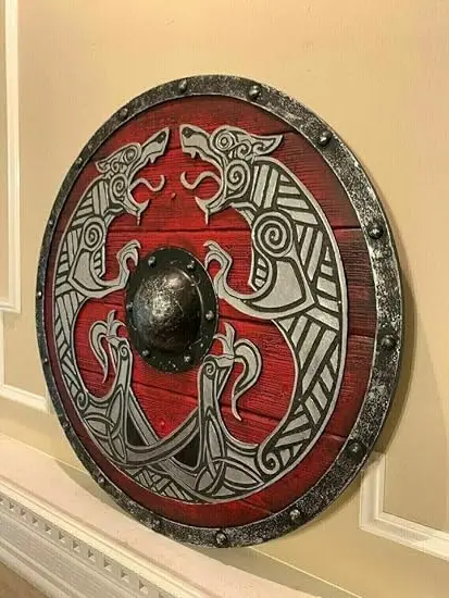 Warrior Wood & Steel Viking Round shield Armor Templar wood shield dragon painted in red colour