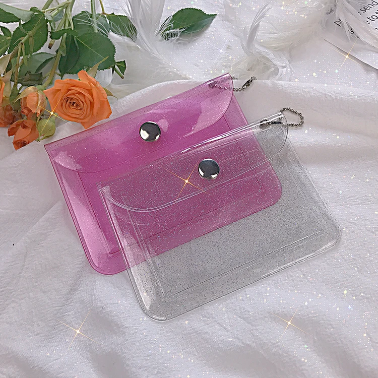Transparent Glitter PVC Card Bag with Bead Chain Portable Travel Coin Purse Snap Closure Small Pouch Card Holders for Women