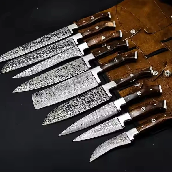 Custom Handmade damascus Blade chef Knife with Wood Handle And 9pcs Chef set With Leather Case Bag
