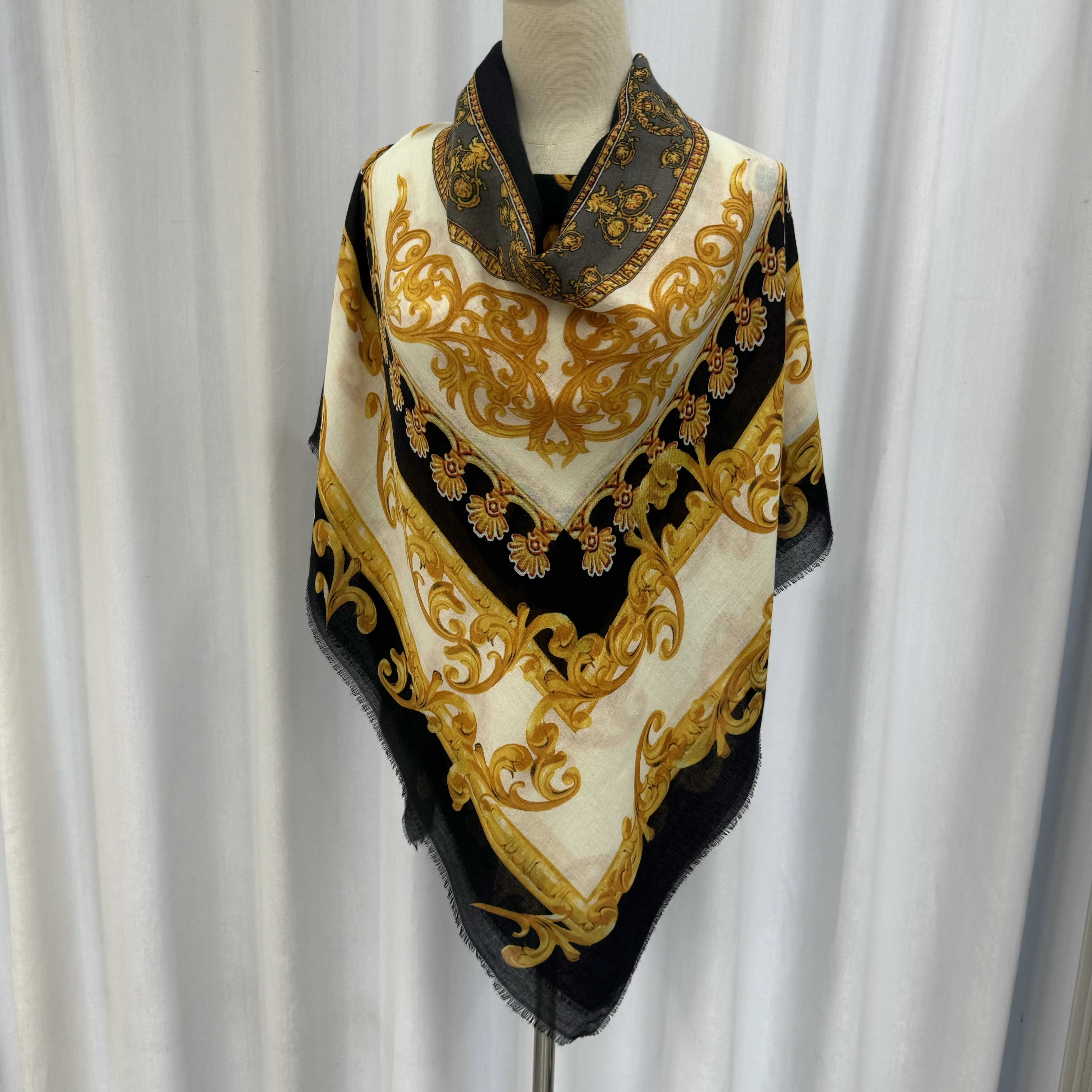 Wholesale Black Women Fancy Viscose Square Cotton Scarf With Fringe Patterns Spring Summer Scarf With Light Tassel Grey