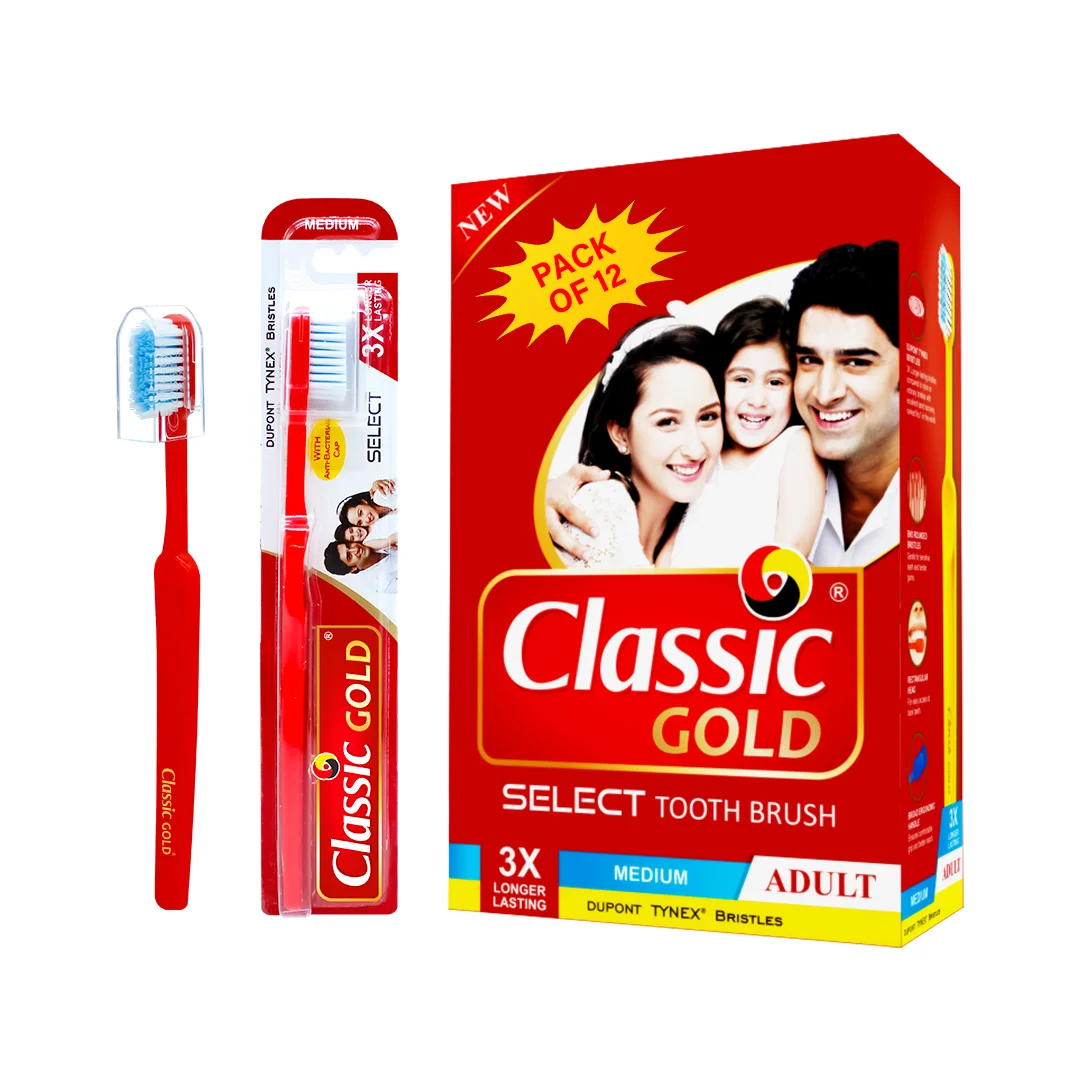 Classic Gold Select Medium Dupont Tynex Bristles Manual Toothbrush for Adults With Also Anti Bacterial Crystal Clear Cap