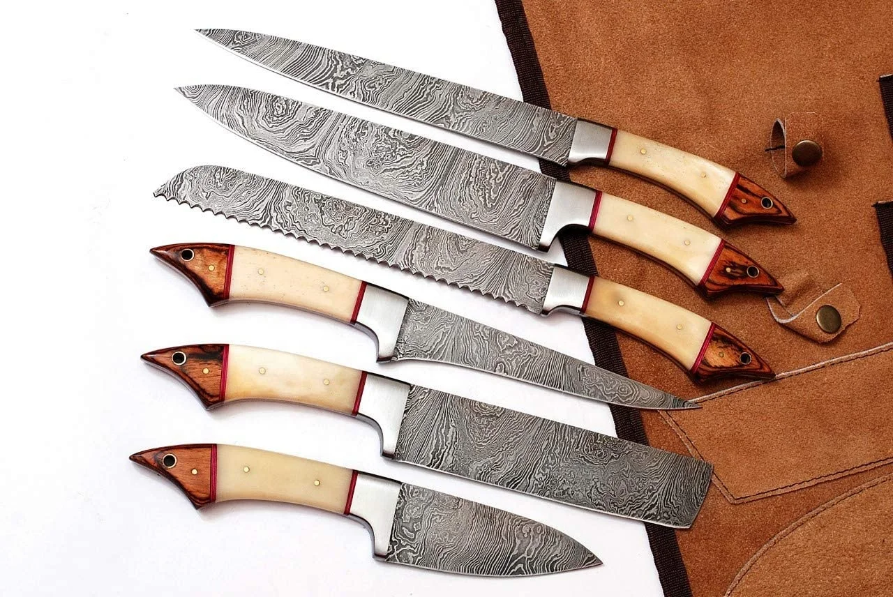 Handmade Damascus chef knives 6 Pcs  Complete set  Leather Sheath Bone handle