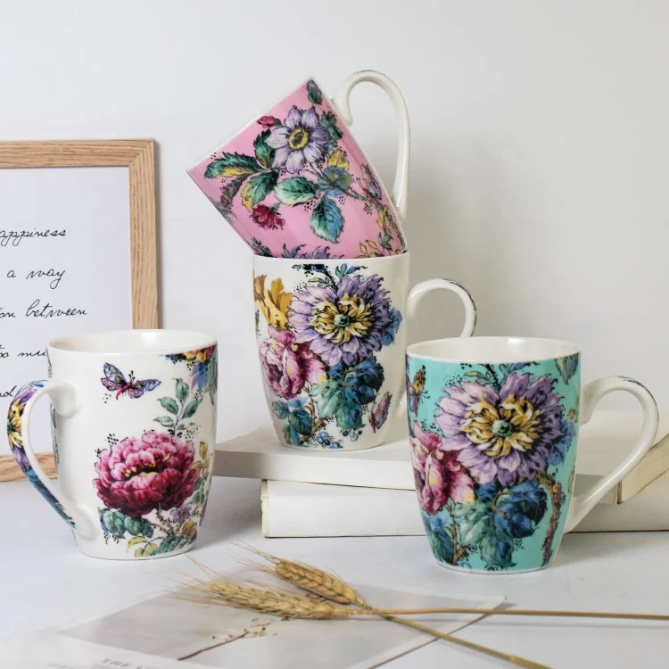 Butterfly Vintage Retro Plant Wild Flower Leaf Ceramic Cup Coffee Mug Tea Milk Lovely Cartoon Purple Luxury Gift Box Set